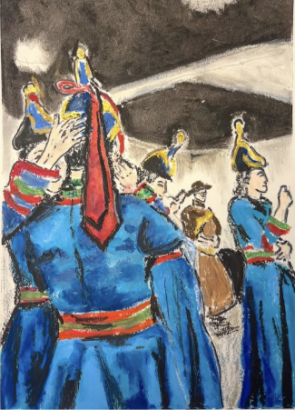 A pastel drawing of a group of men standing in matching blue robes and headdresses